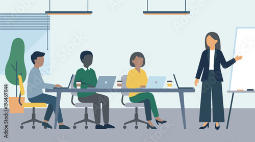 Diverse business team collaborating in a modern office meeting or training session