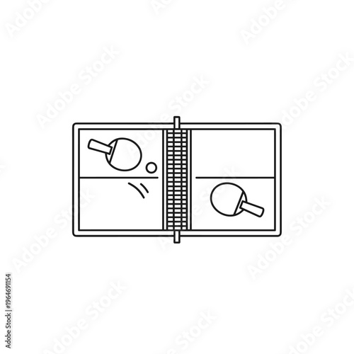 Minimalist table tennis vector icon, top view ping pong table with paddles and ball, simple line art sports equipment illustration
