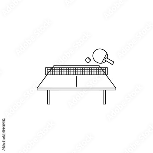 Minimalist table tennis line icon, ping pong table with paddle and ball vector, professional sports equipment graphic for competition