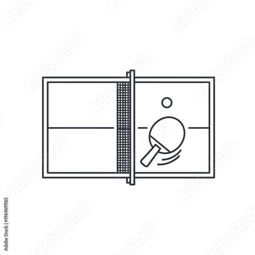 Minimalist table tennis line icon, ping pong table with paddle and ball top view, sports equipment vector illustration for web and apps
