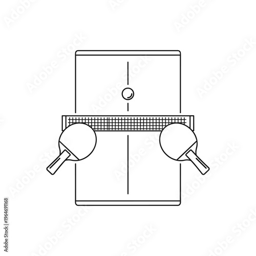 Minimalist table tennis line icon, ping pong table with paddles and ball vector, overhead view of sports equipment for competition
