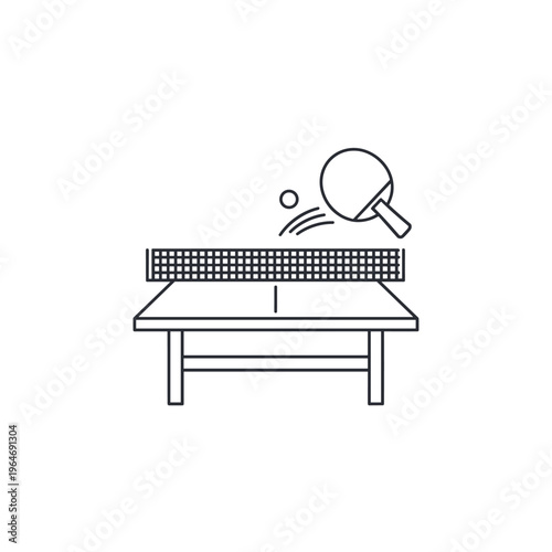 Minimalist table tennis line icon, ping pong paddle and ball over net, professional sports equipment vector illustration for web and mobile apps