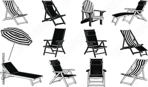 Black and white vector illustration set of beach chairs, deck chairs, sun loungers, striped umbrella, outdoor furniture for summer vacation.