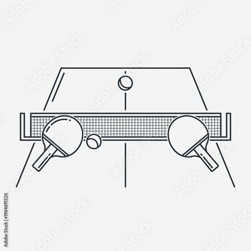 Minimalist table tennis line icon vector, ping pong rackets and balls on a court with net, professional sports equipment illustration