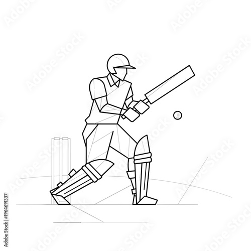 Minimalist cricket batsman line art vector, professional cricket player hitting ball, geometric sports illustration for tournament branding