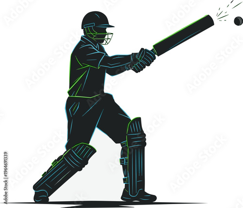 Cricket batsman silhouette with neon green and blue outlines, professional cricket player hitting ball, athletic sports vector illustration