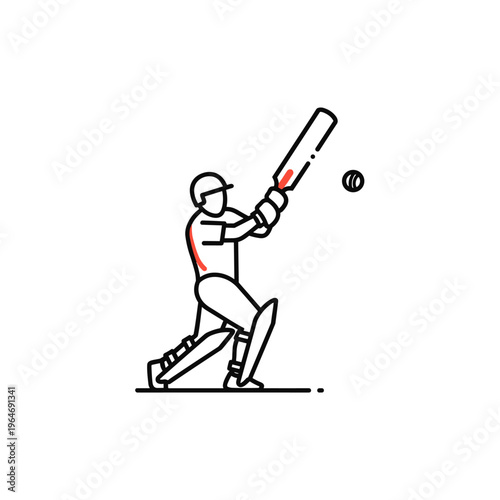 Minimalist cricket player icon, professional batsman hitting ball with bat vector, modern line art sports illustration for branding