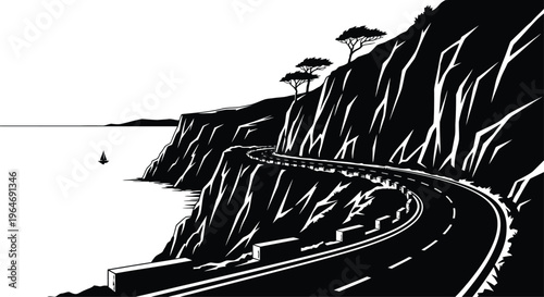 Winding coastal highway with ocean and cliffs black and white graphic illustration with coastal road