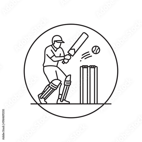 Cricket player line art icon, minimalist batsman hitting ball with bat, sports competition vector illustration in circular frame