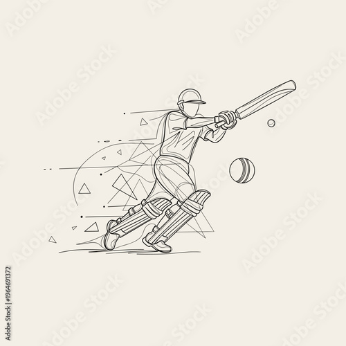 Minimalist cricket player line art vector, dynamic batsman hitting a ball illustration, athletic sports figure in action pose with geometric details