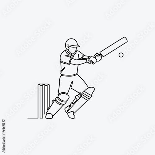 Minimalist continuous line drawing of a cricket batsman hitting a ball, professional cricket player in action pose, athletic sportsman vector illustration