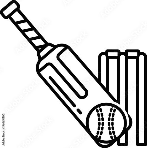 Cricket equipment line icon vector, professional cricket bat with ball and wicket stumps, minimalist sports gear illustration for competition