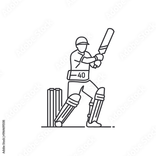 Cricket batsman line art vector, professional cricket player with bat and helmet, minimalist sports athlete illustration for tournament branding