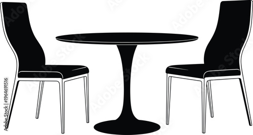 Black Silhouette of Modern Dining Table and Two Chairs Isolated on White Background for Interior Design Concept Home Furniture Decor and Minimalist Cafe Seating