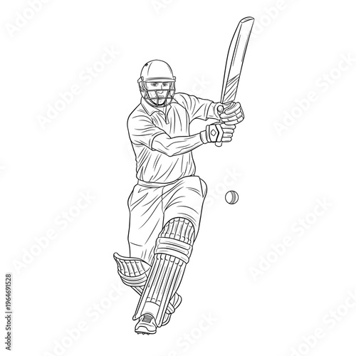 Cricket batsman line art vector, professional cricket player hitting the ball with bat, sports athlete in protective gear and helmet illustration