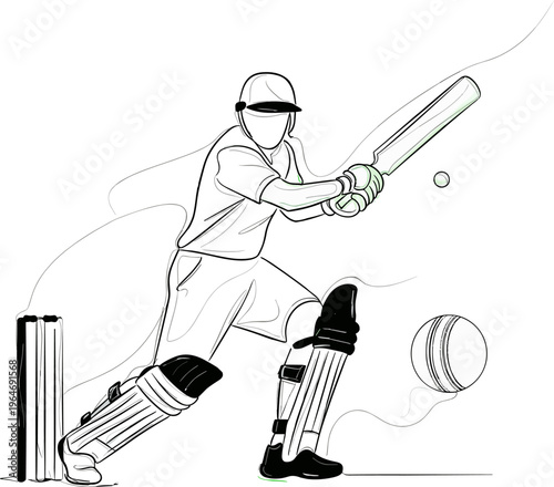 Cricket batsman line art vector, professional cricket player hitting ball with bat, minimalist sports illustration for competition and tournament posters