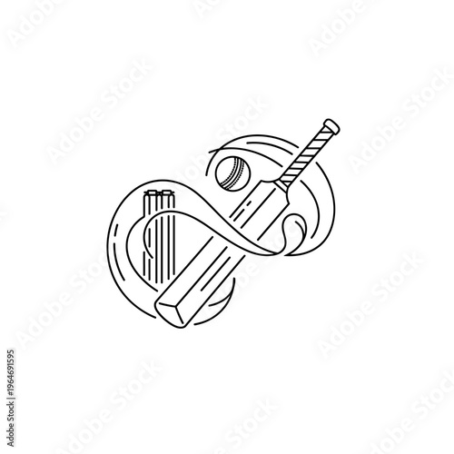 Minimalist cricket sport vector illustration, line art cricket bat with ball and wickets, modern athletic logo design for sports branding