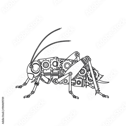 Steampunk grasshopper mechanical insect vector, industrial cricket with gears and cogs, robotic locust line art illustration for tattoo or logo