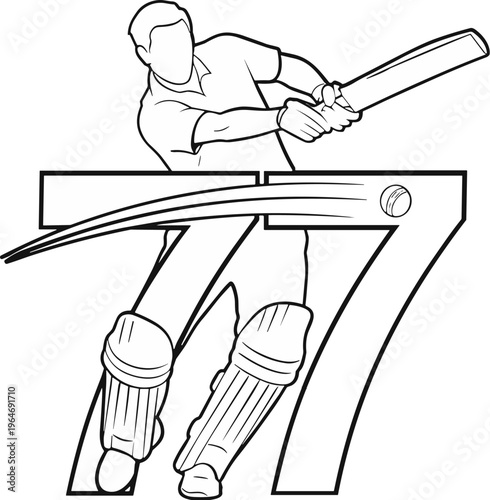 Cricket player line art illustration with number 77, batsman hitting ball in sports action pose, minimalist black and white cricket vector graphic