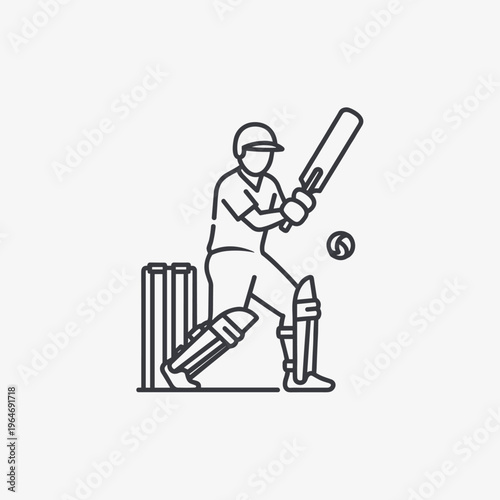Cricket batsman line icon vector, minimalist cricket player hitting ball with bat, professional athlete in protective gear at wicket