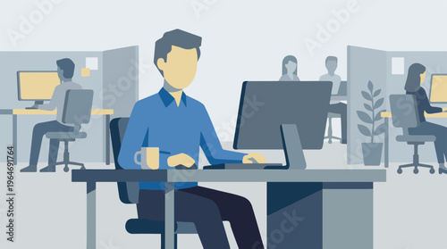 Business professionals working at computers in a modern office environment