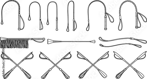 Hand drawn vector illustration collection of various leather whips, riding crops, and floggers in black and white line art style.