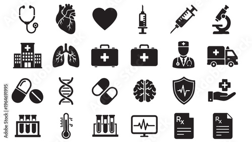 Medical and Healthcare Icon Set in Silhouette for Hospital Services, Clinical Diagnosis, and Health Branding Design