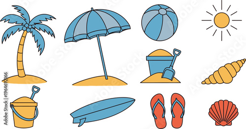 Colorful beach vacation summer holiday travel elements icon set with beach umbrella with palm tree