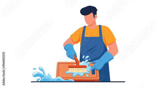 Hands-on Cleaning: A focused cleaner wearing gloves meticulously scrubs a surface with a brush, symbolizing dedication to hygiene and purity.