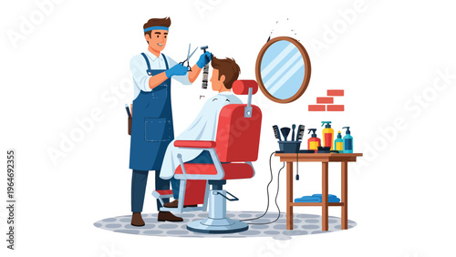 Barbershop Precision: A barber expertly cuts a client's hair in a classic barbershop scene. Precise skills and attention to detail.