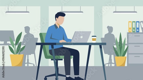 Man working on laptop in modern office, minimalist flat illustration