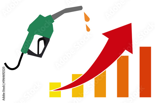 ガソリン価格高騰を示す給油機と上昇マークの経済イメージイラスト