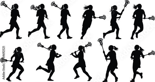 Vector silhouette collection of female lacrosse players in various action poses like running, passing, and catching on a white background.