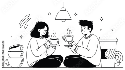 Cozy Coffee Conversation Illustration, Couple Drinking Hot Beverages at Home