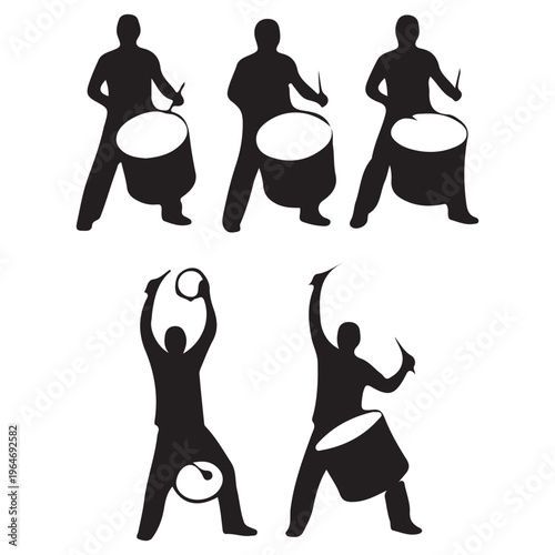 Vector Silhouettes of Percussion Musicians Playing on White Background