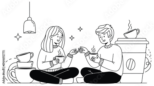 Cozy Coffee Conversation Illustration, Couple Drinking Hot Beverages at Home