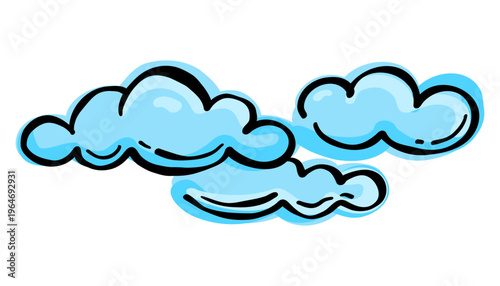 Set of cute blue cartoon clouds with glossy highlights, bold black outlines and playful hand drawn doodle style, whimsical weather clipart collection for kids decor and design. Vector illustration.