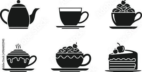 Cafe drinks and desserts silhouettes. coffee, tea, cake icons for menu or sweet shop, hot drink