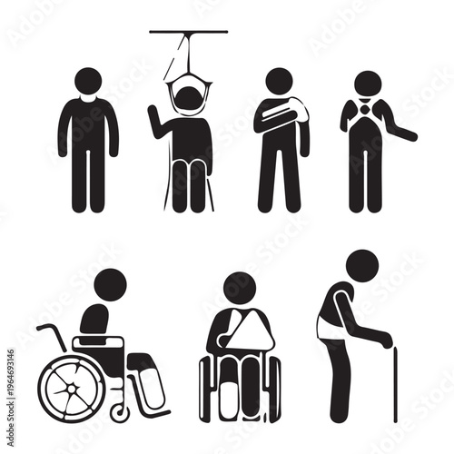 Simple Monochrome Stick Figure Icons of People with Disabilities and Care
