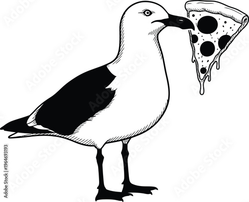Hungry seagull stealing a slice of pizza. humorous black and white line art illustration