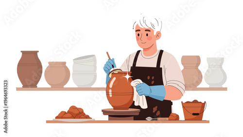 Craftsman's Touch: A skilled artisan meticulously works on a pottery piece, showcasing his talent and craftsmanship. His workshop, adorned with various ceramic creations.