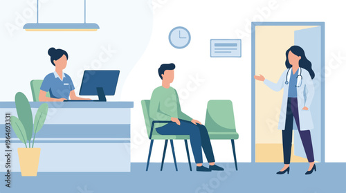 Doctor welcoming patient to office in modern medical clinic waiting room