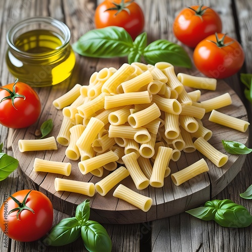 Uncooked Rigatoni Pasta With Fresh Tomatoes, Basil Leaves and Olive Oil on Rustic Wooden Board