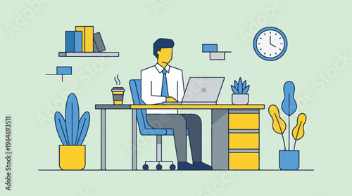 Professional man working on laptop in a modern office setup illustration