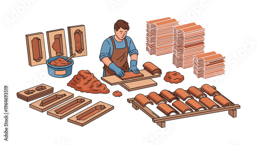 Crafting Tiles: A craftsman meticulously shapes and forms clay, creating terracotta tiles, essential components in construction and architecture.