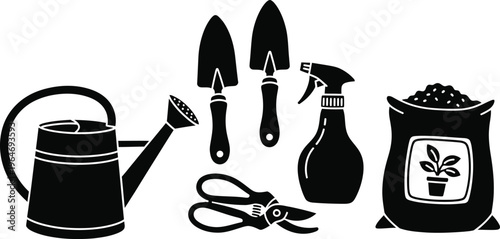 Gardening tools and equipment silhouette collection with watering can with pruning shears