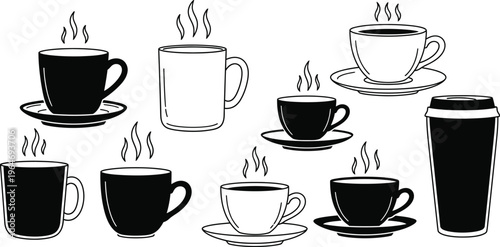 Set of coffee mugs and tea cups vector icons in black and white silhouette and outline style