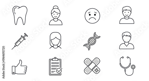 Medical Icons Set: Tooth, Doctor, Patient, DNA, Syringe, Stethoscope, Bandage