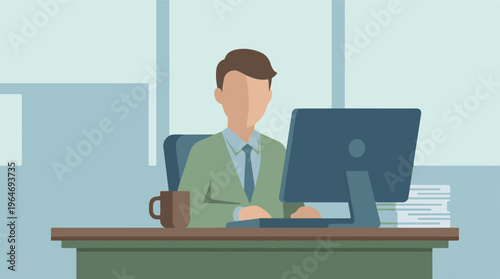 Minimalist illustration of a person working at an office desk with computer