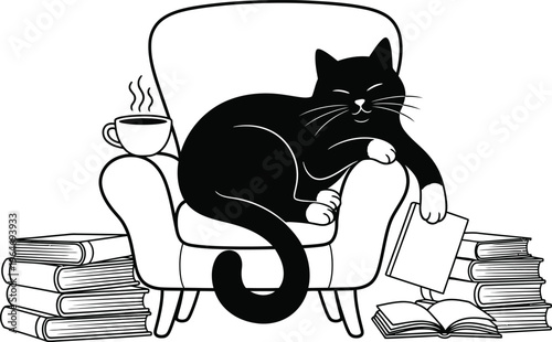 Black cat sleeping in cozy armchair with stacks of books and a hot cup of coffee vector illustration